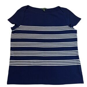 Lauren Ralph Lauren White Striped Ribbed‎ Boat Neck Short Sleeve Top XL Nautical